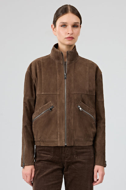 Gina Kadın Kahverengi Hakim Yaka Oversize Kısa Süet Deri Ceket