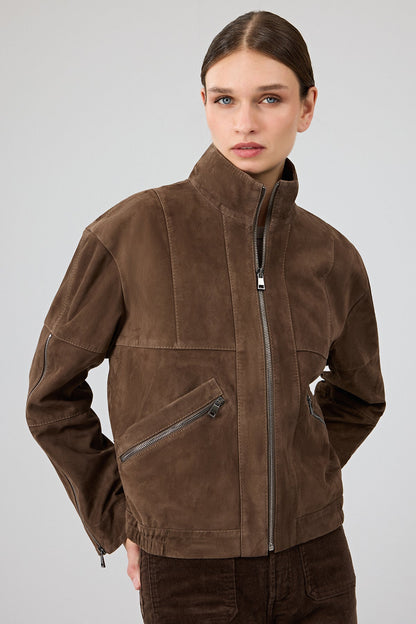 Gina Kadın Kahverengi Hakim Yaka Oversize Kısa Süet Deri Ceket