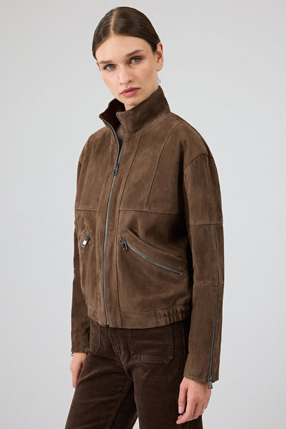 Gina Kadın Kahverengi Hakim Yaka Oversize Kısa Süet Deri Ceket