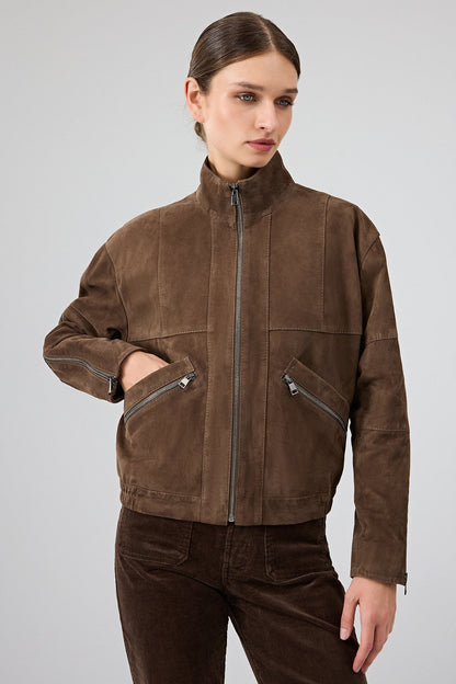 Gina Kadın Kahverengi Hakim Yaka Oversize Kısa Süet Deri Ceket