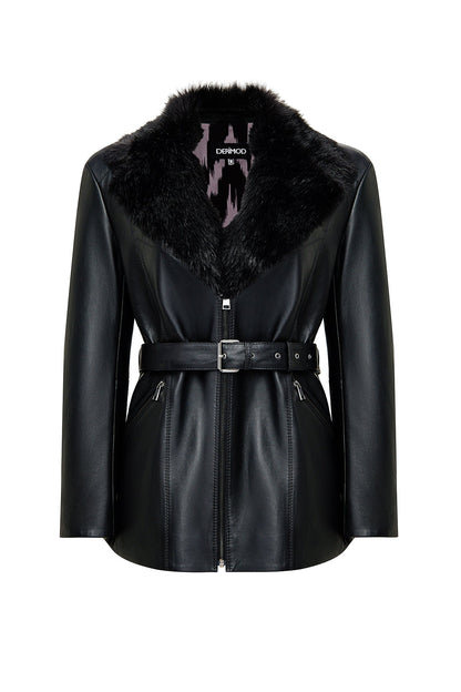 Scarlet Kadın Siyah Kürk Yaka Deri Mont