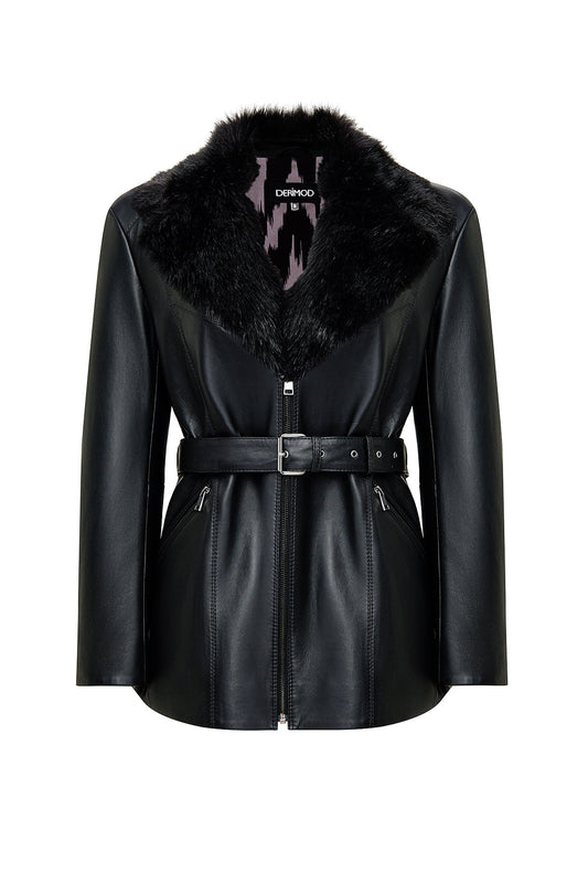 Scarlet Kadın Siyah Kürk Yaka Deri Mont