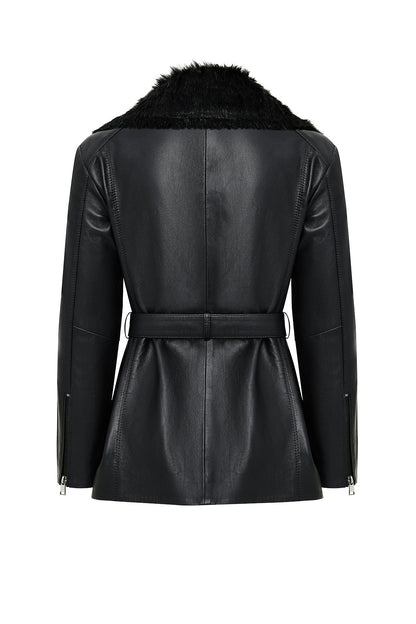 Scarlet Kadın Siyah Kürk Yaka Deri Mont