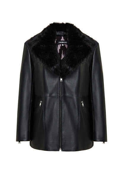 Scarlet Kadın Siyah Kürk Yaka Deri Mont