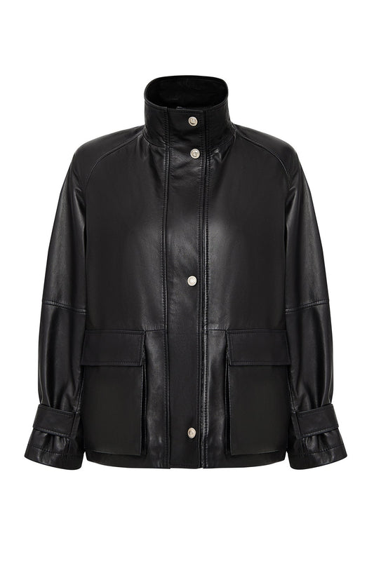 Fancy Kadın Siyah Devrik Yaka Oversize Deri Mont