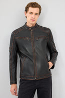 Leonard Erkek Kahverengi Vintage Slim-fit Deri Ceket