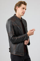 Leonard Erkek Kahverengi Vintage Slim-fit Deri Ceket