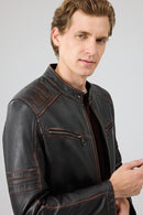 Leonard Erkek Kahverengi Vintage Slim-fit Deri Ceket