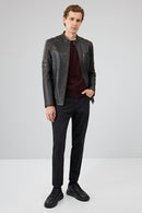 Leonard Erkek Kahverengi Vintage Slim-fit Deri Ceket