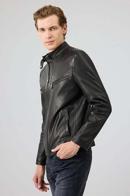 Jefferson Erkek Siyah Hakim Yaka Slim-fit Deri Ceket