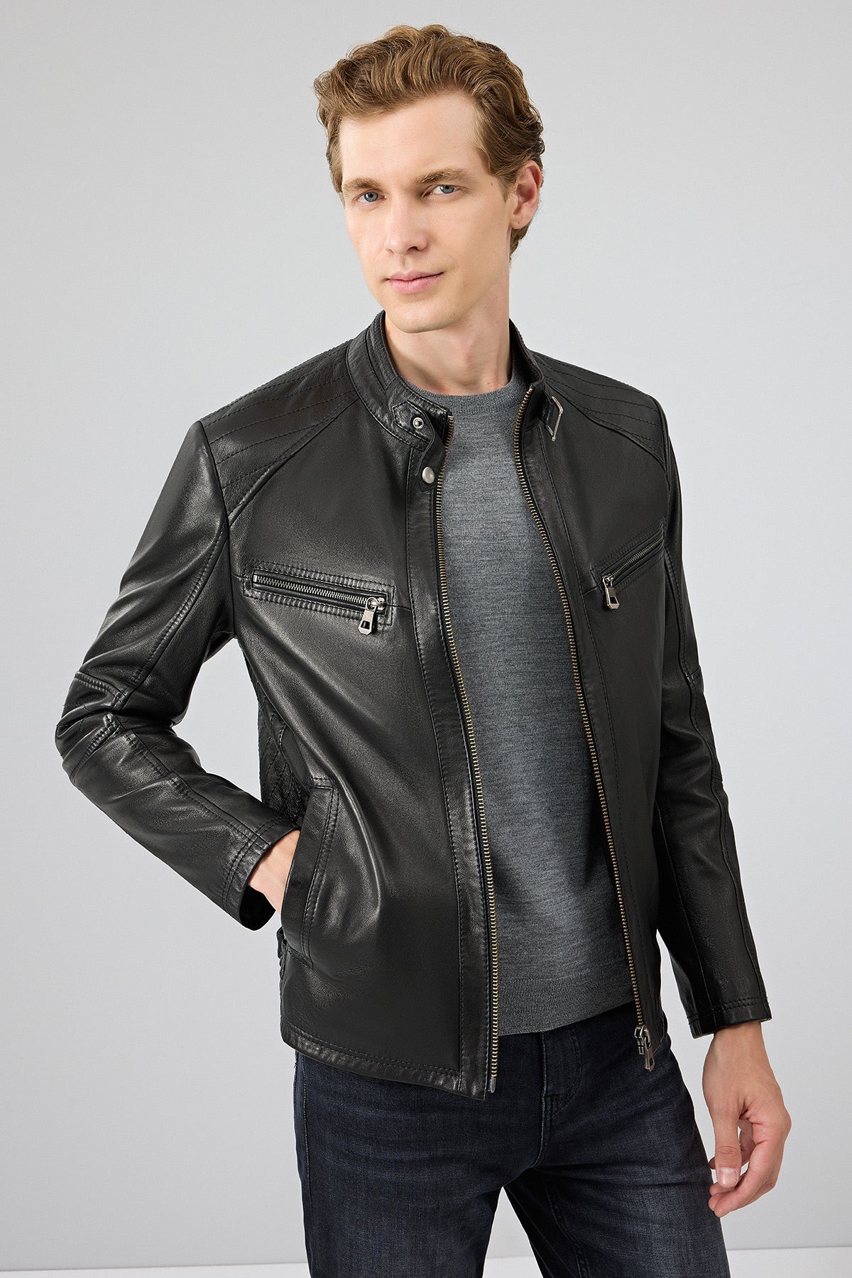 Jefferson Erkek Siyah Hakim Yaka Slim-fit Deri Ceket