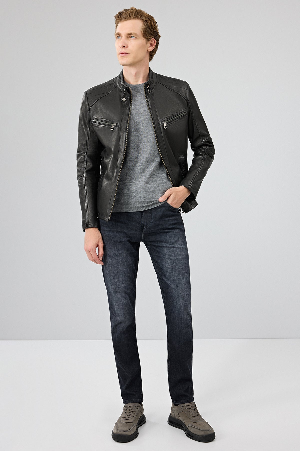 Jefferson Erkek Siyah Hakim Yaka Slim-fit Deri Ceket