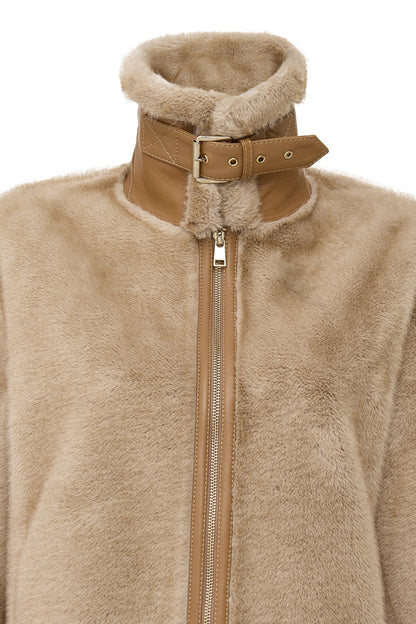 Meribel Kadın Bej Geniş Yaka Teddy Deri Mont