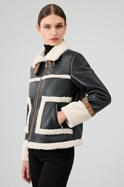 Megeve Kadın Siyah Kısa Teddy Mont