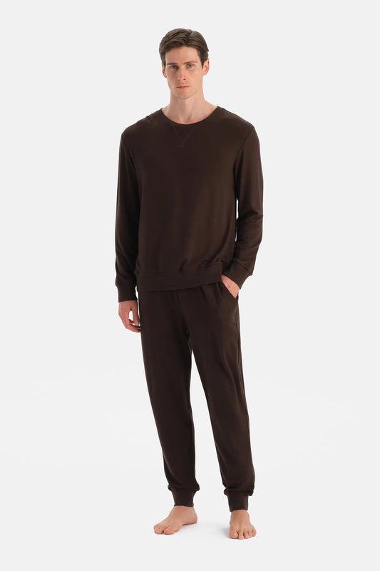 Koyu Kahve Dikiş Ve Bant Detaylı Uzun Kollu Tişört Pantolon Pijama Tak
