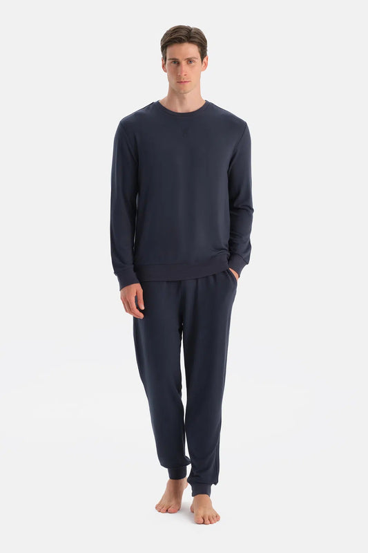 Lacivert Dikiş Ve Bant Detaylı Uzun Kollu Tişört Pantolon Pijama Takım