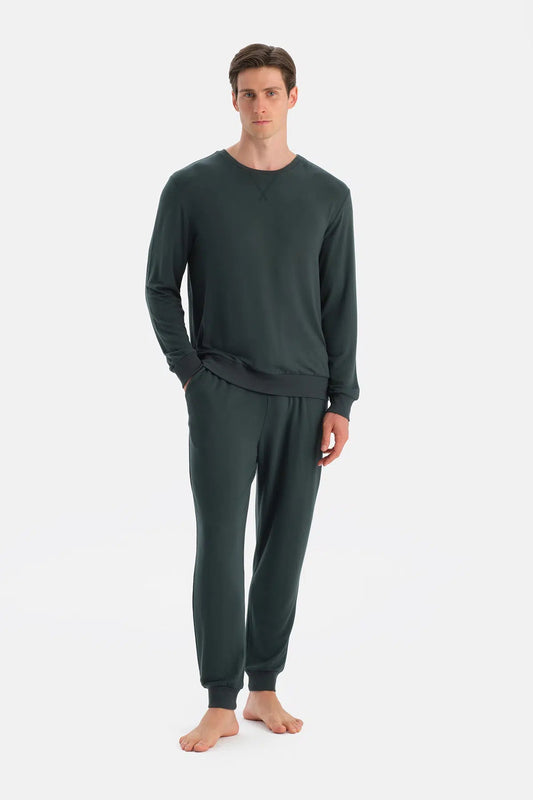 Koyu Yeşil Dikiş Ve Bant Detaylı Uzun Kollu Tişört Pantolon Pijama Tak