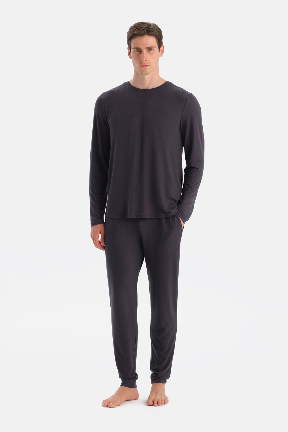 Antrasıt Dikiş Detaylı Uzun Kollu Termal Tişört Pantolon Pijama Takımı