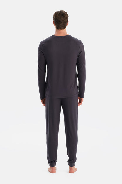 Antrasıt Dikiş Detaylı Uzun Kollu Termal Tişört Pantolon Pijama Takımı