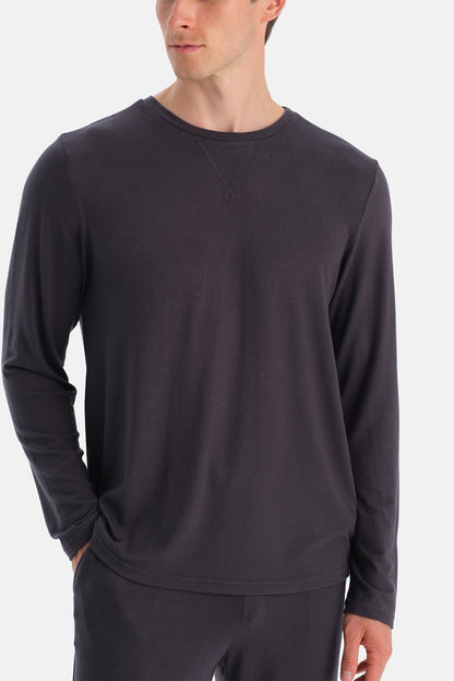 Antrasıt Dikiş Detaylı Uzun Kollu Termal Tişört Pantolon Pijama Takımı