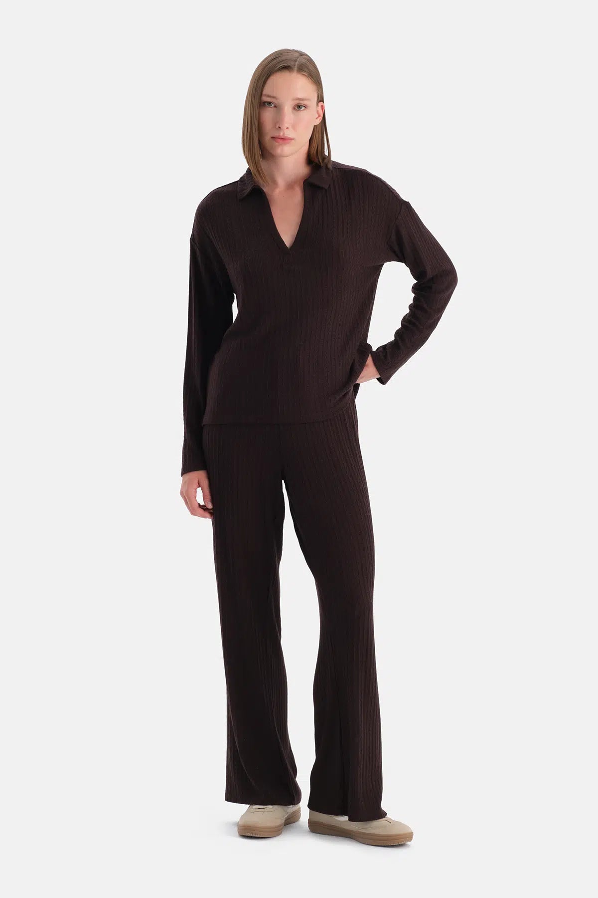 Koyu Kahve Örgü Detaylı Polo Yaka Tişört