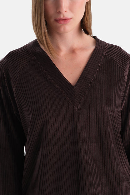 Koyu Kahve V Yaka Uzun Kollu Kadife Sweatshırt
