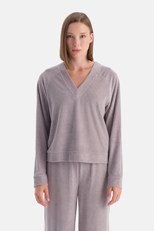 Açık Lila V Yaka Uzun Kollu Kadife Sweatshırt