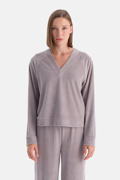 Açık Lila V Yaka Uzun Kollu Kadife Sweatshırt