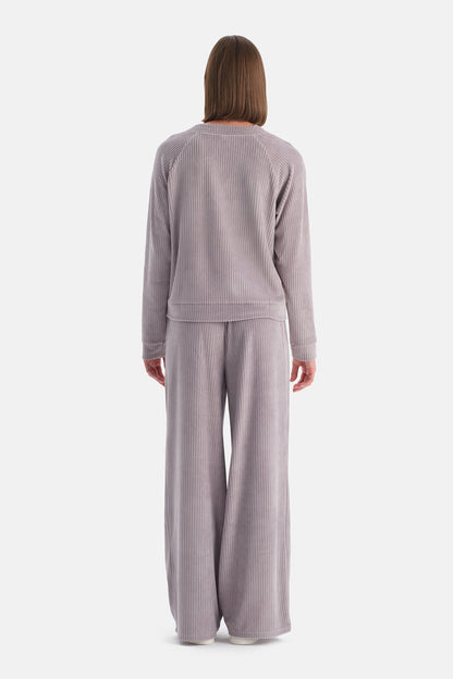 Açık Lila V Yaka Uzun Kollu Kadife Sweatshırt