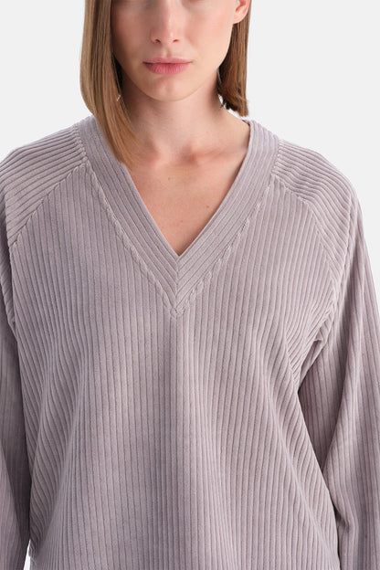 Açık Lila V Yaka Uzun Kollu Kadife Sweatshırt
