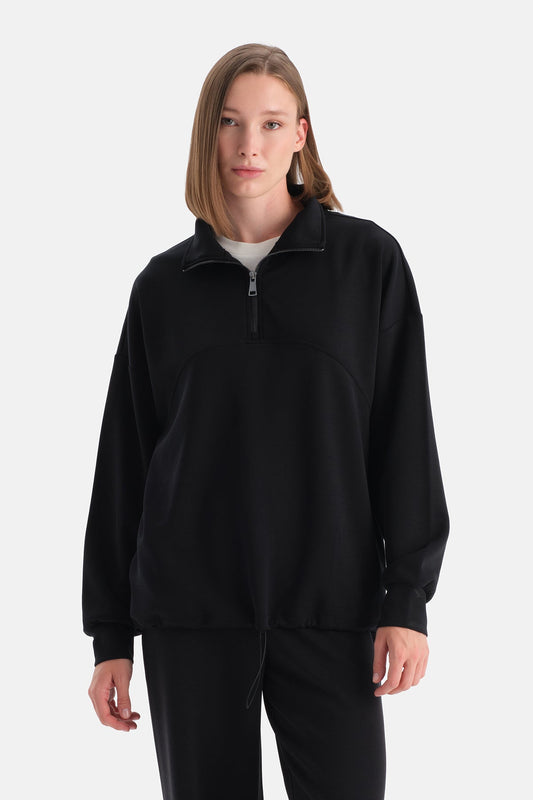 Siyah Kadın Yarım Fermuarlı Modal Sweatshırt