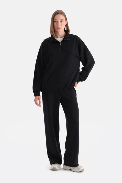 Siyah Kadın Yarım Fermuarlı Modal Sweatshırt