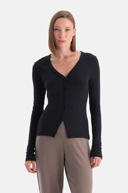 Düğmeli Kaşmir Modal Uzun Kollu Tişört