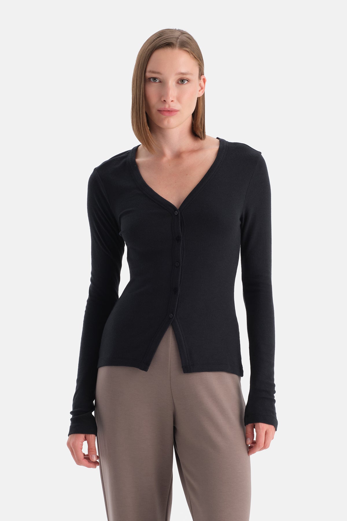 Düğmeli Kaşmir Modal Uzun Kollu Tişört