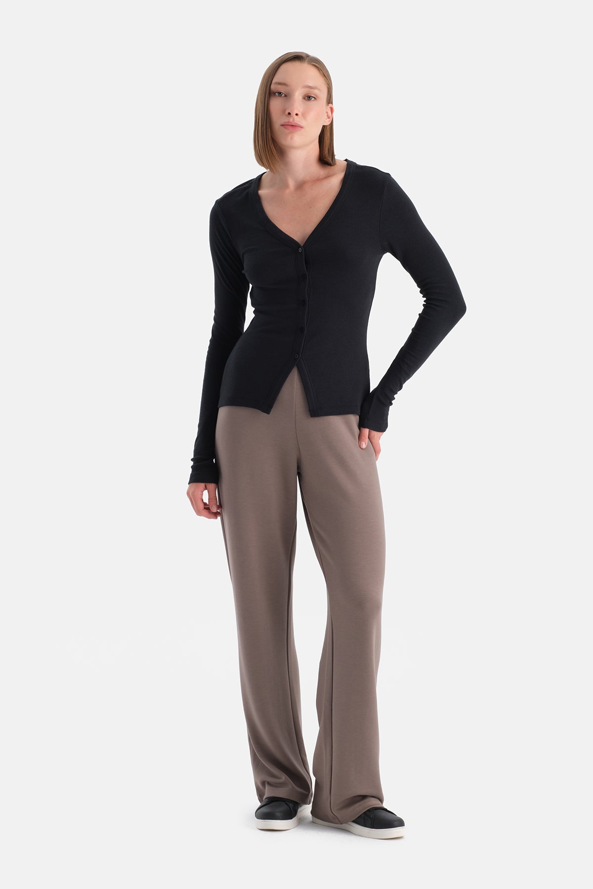 Düğmeli Kaşmir Modal Uzun Kollu Tişört