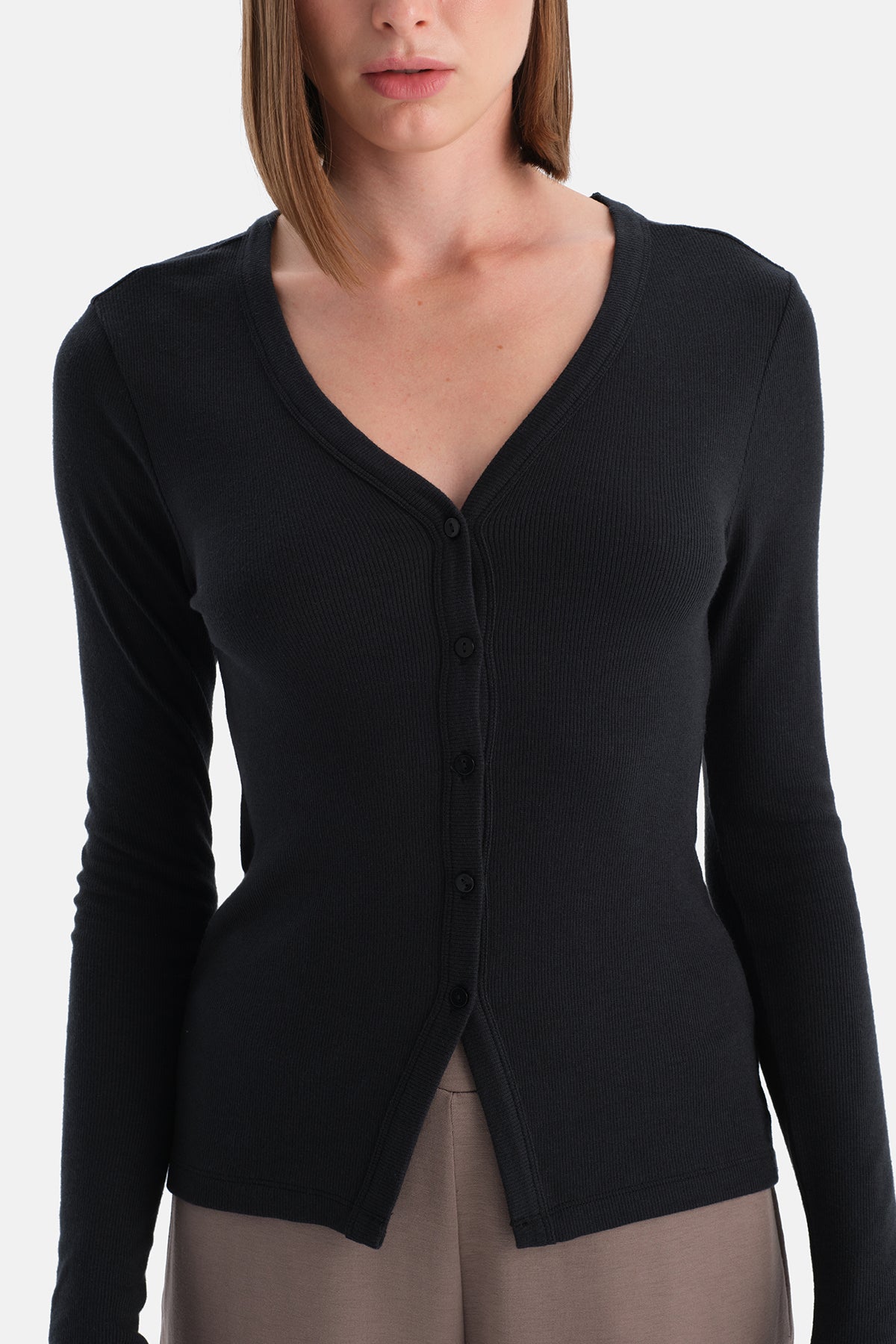 Düğmeli Kaşmir Modal Uzun Kollu Tişört