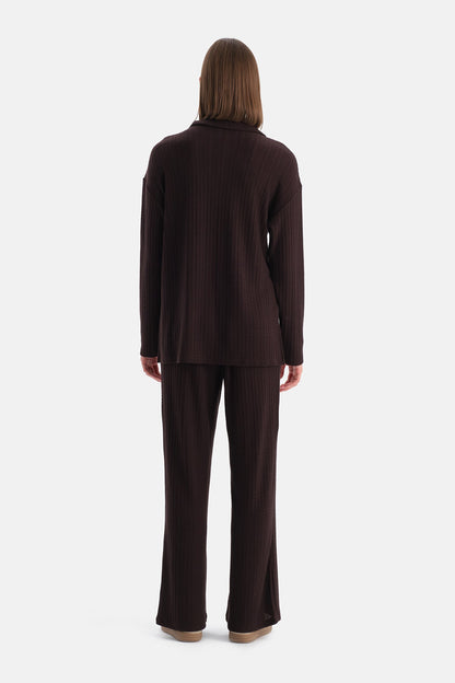 Koyu Kahve Örgü Detaylı Pantolon