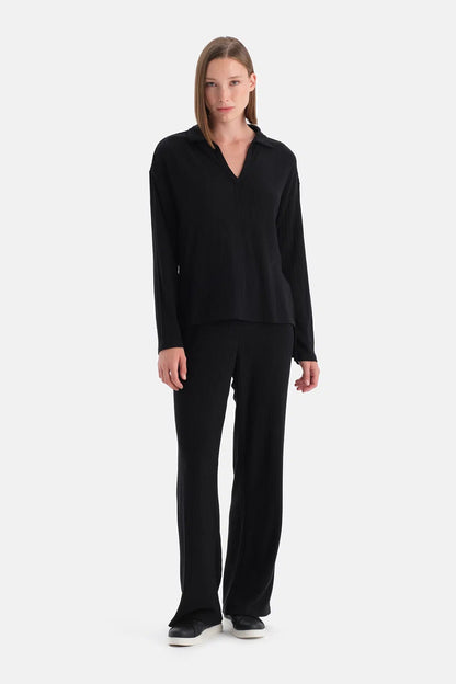 Siyah Örgü Detaylı Pantolon