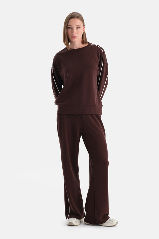 Kahverengi Kadın Modal Çift Biye Detaylı Eşofman Altı