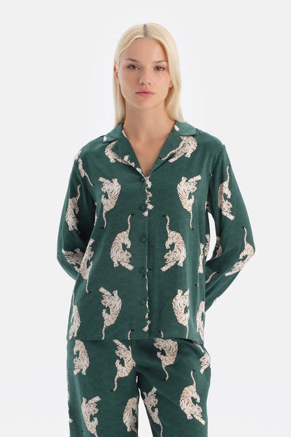 Koyu Yeşil Leopar Desenli Saten Gömlek