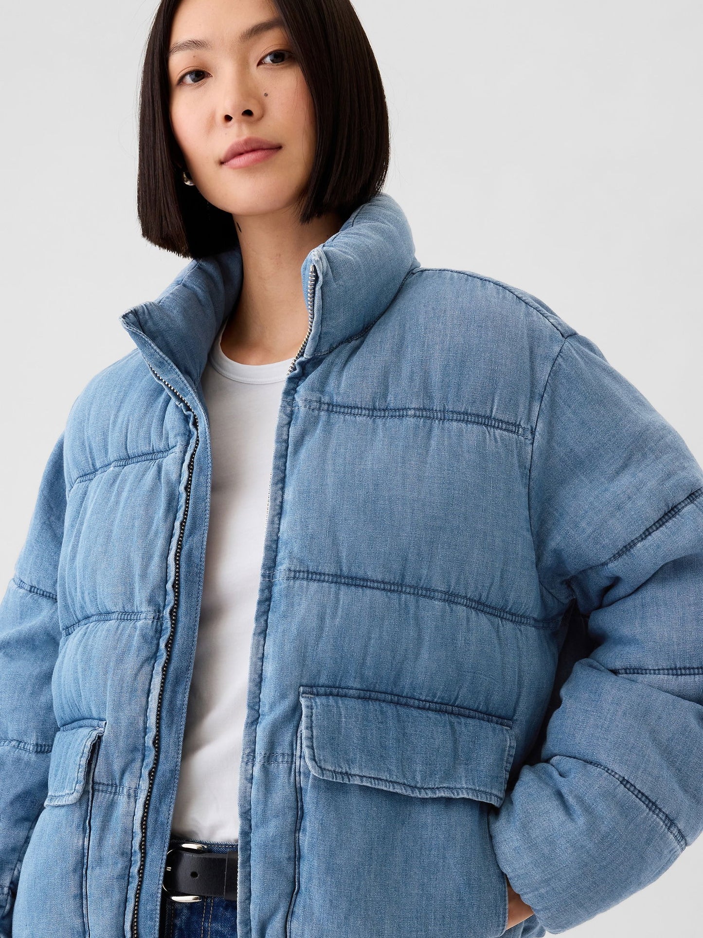 Açık Mavi Oversize Denim Puffer Şişme Ceket