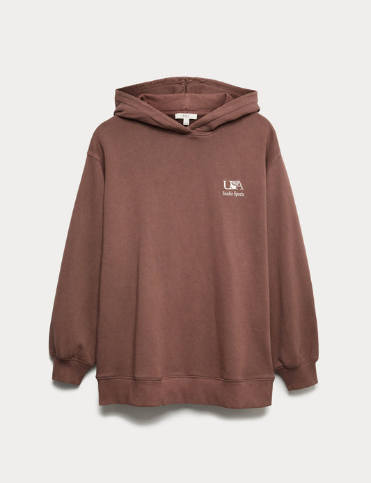 Saf Pamuk Grafik Baskılı Kapüşonlu Sweatshirt