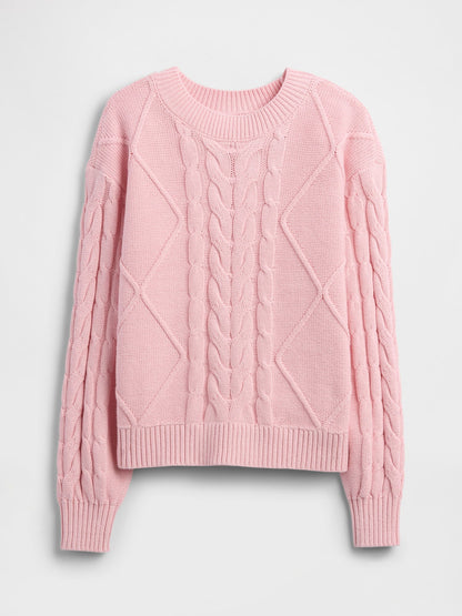 Açık Pembe Kids Relaxed Cable Örgü Kazak