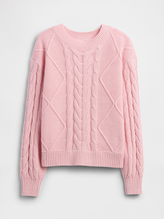 Açık Pembe Kids Relaxed Cable Örgü Kazak