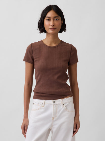 Kahverengi Pointelle Bisiklet Yaka T-shirt
