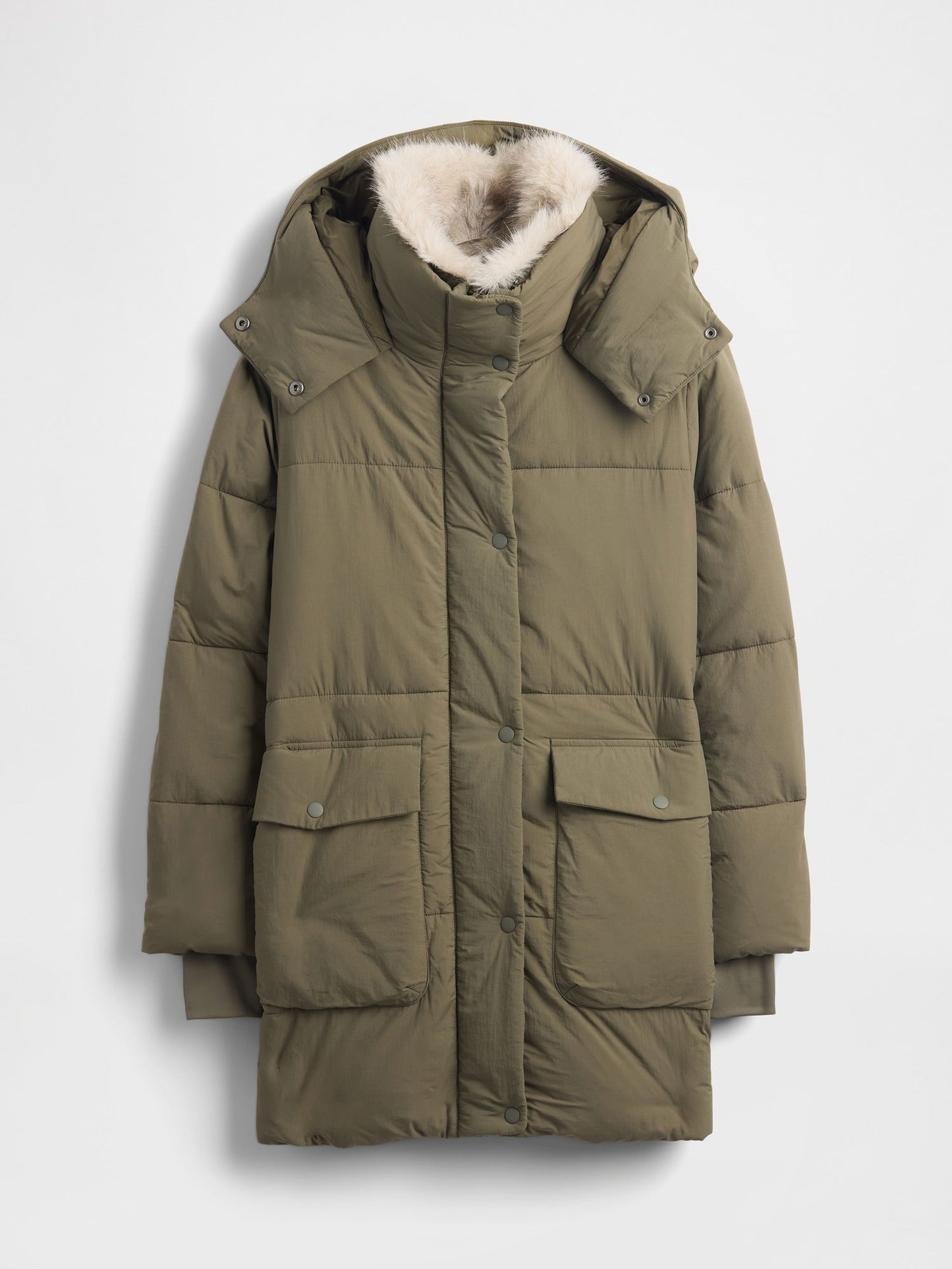 Haki Faux Fur-trim Midi Puffer Şişme Mont