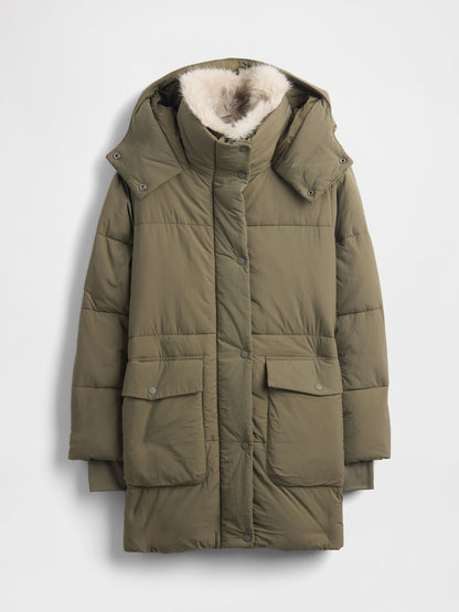 Haki Faux Fur-trim Midi Puffer Şişme Mont