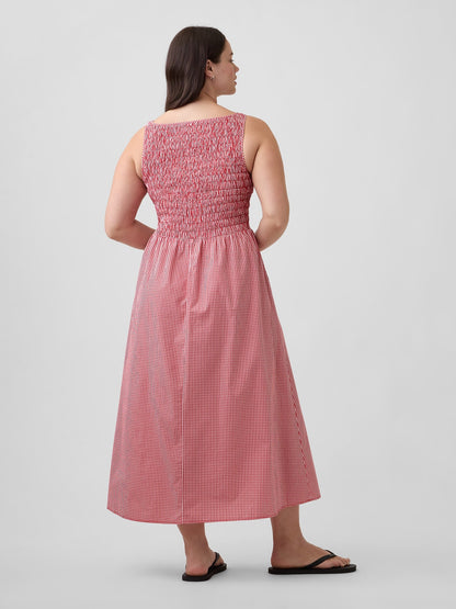 Kırmızı Smocked Boatneck Maxi Elbise