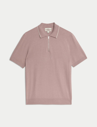 Pamuk Karışımlı Yarım Fermuarlı Örgü Polo Yaka Tshirt