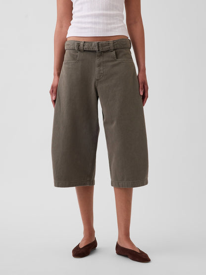 Haki Mid Rise Kemerli Culotte Barrel Pantolon